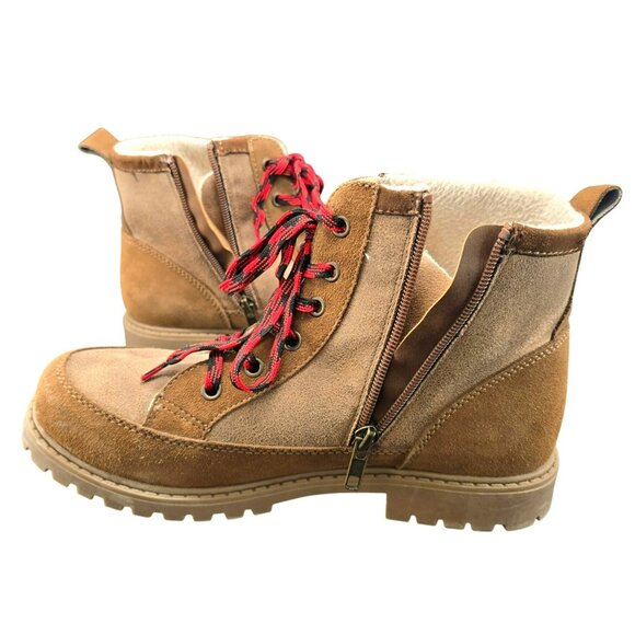 Tan Ridge Womens Lace-Up Ankle Boots Red Laces Side Zippers 7M Faux Suede JJ3906 - Picture 3 of 13